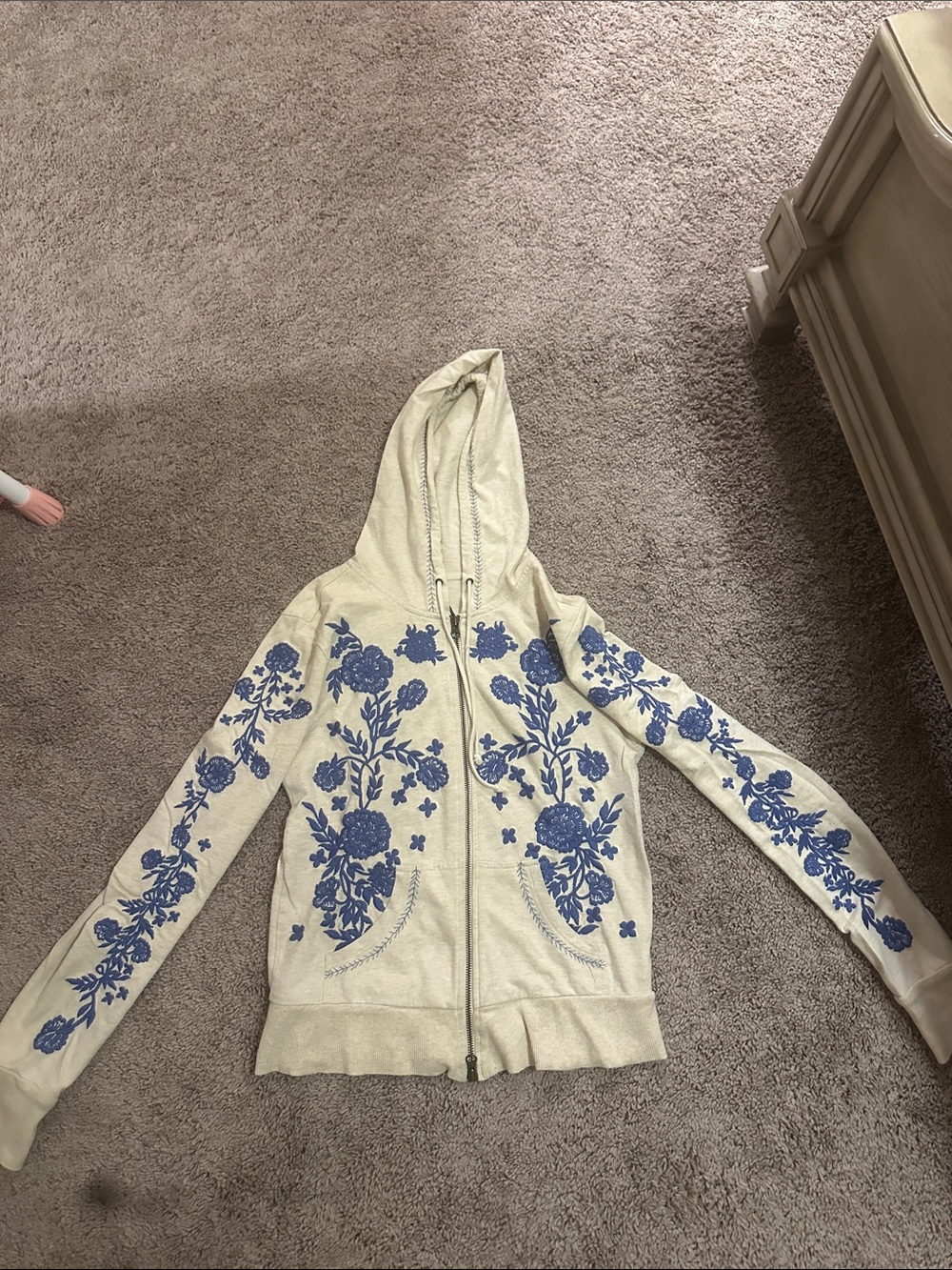 Free People Cream Zip Hoodie with Blue Floral Embroidery